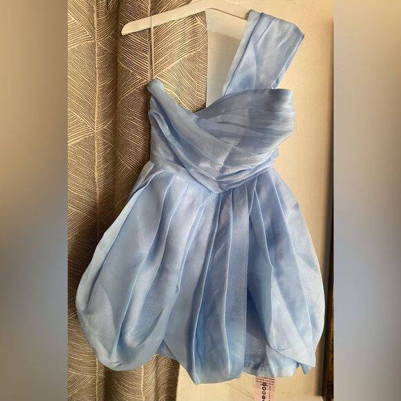 Oh Cici One Shoulder Ruched Mini Dress Light Blue Sz XS-S NWT - Picture 7 of 16